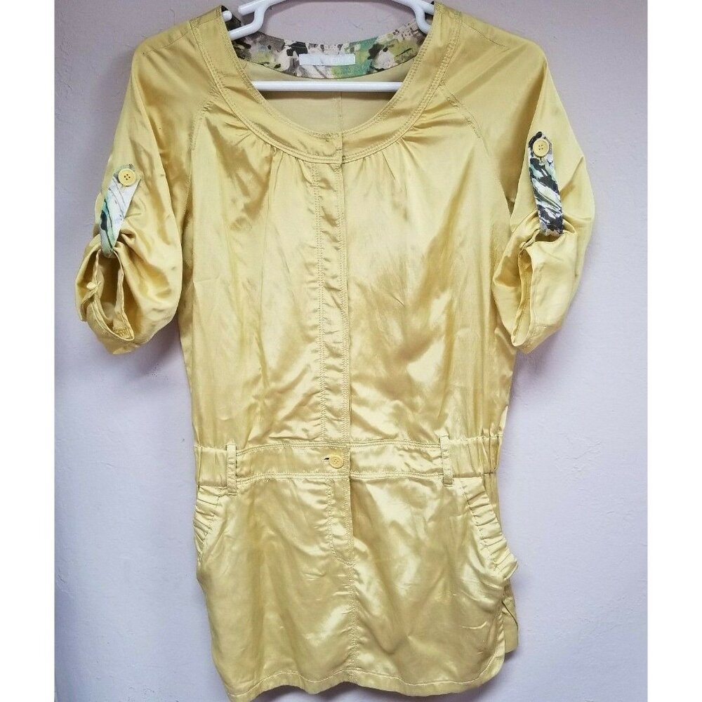 BNX Women's Round Neck Shiny Gold/Yellow Roll Tab Sleeve Tunic Top / Short Dress